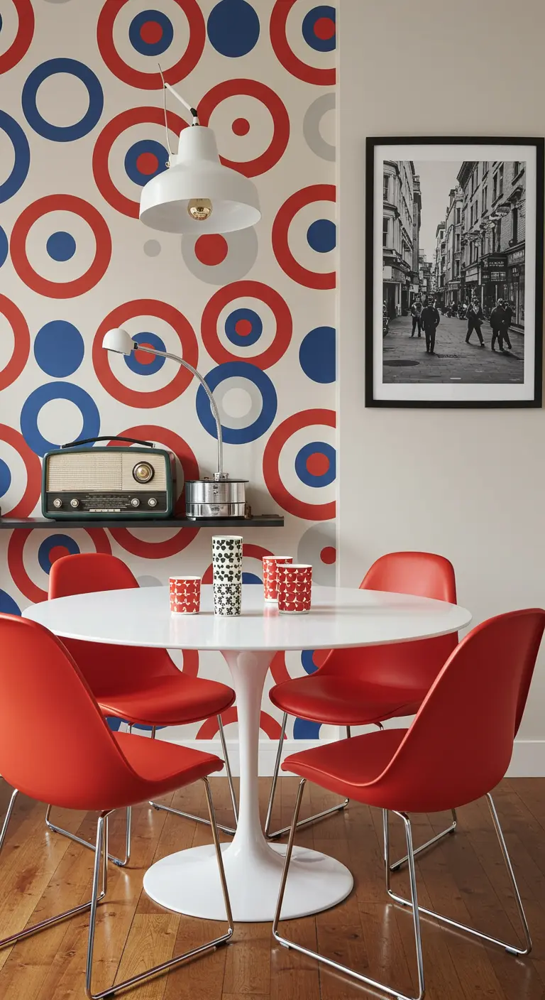 Mod-style dining area with a target-print wallpaper in red, white, and blue.