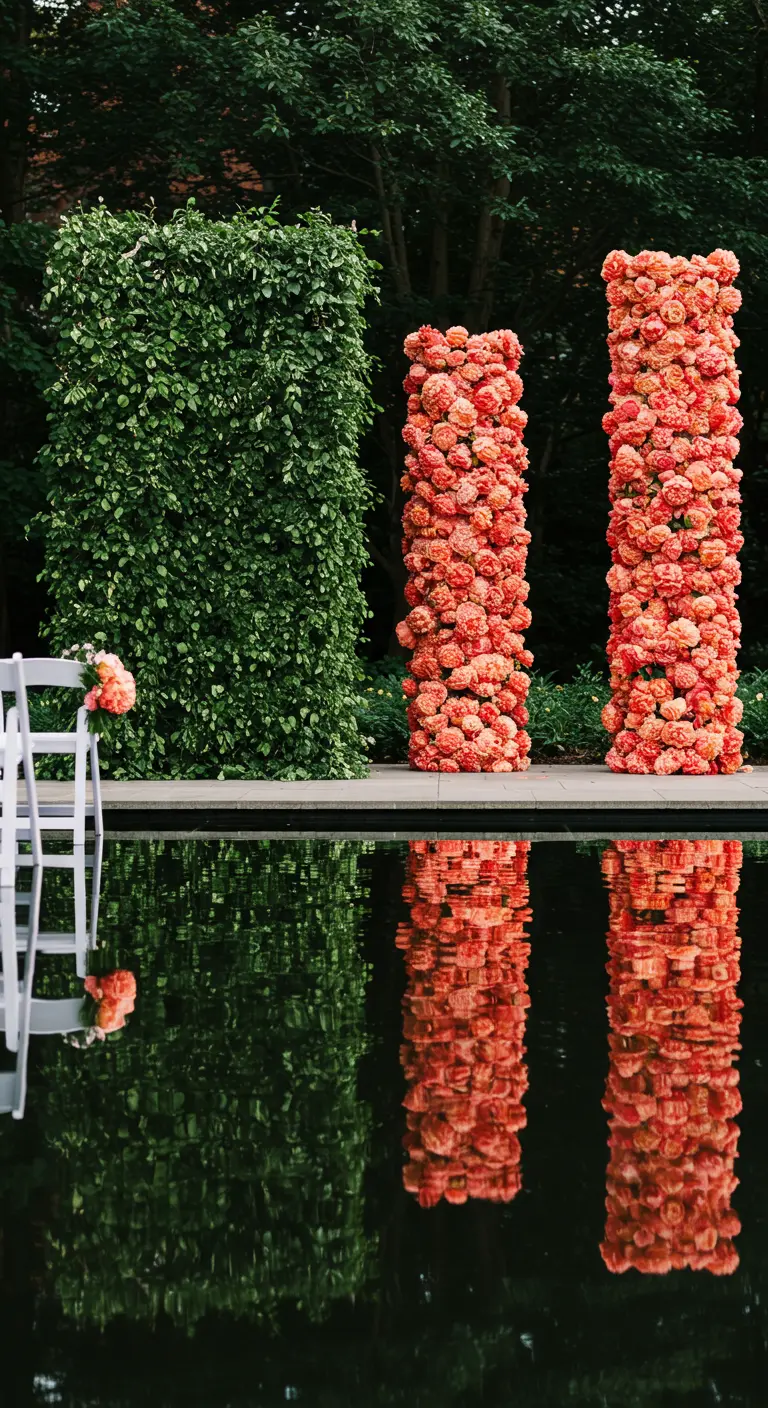 Modern wedding backdrop with one green hedge pillar and two pillars of coral peonies.