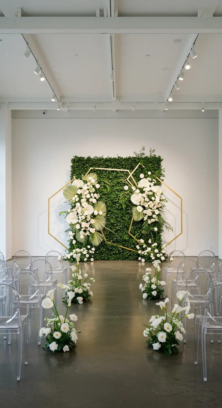 A modern wedding ceremony backdrop with a green wall, geometric gold frames, and white flowers.