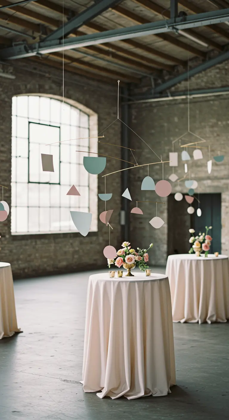 Delicate pastel geometric mobiles hanging over cocktail tables in a loft.