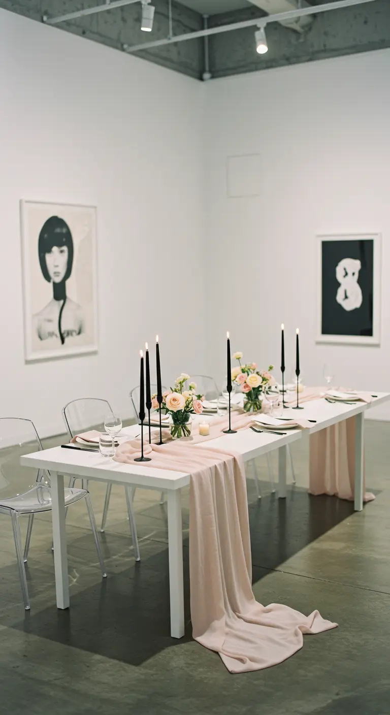 A minimalist white table in an art gallery with a blush runner and black tapered candles.