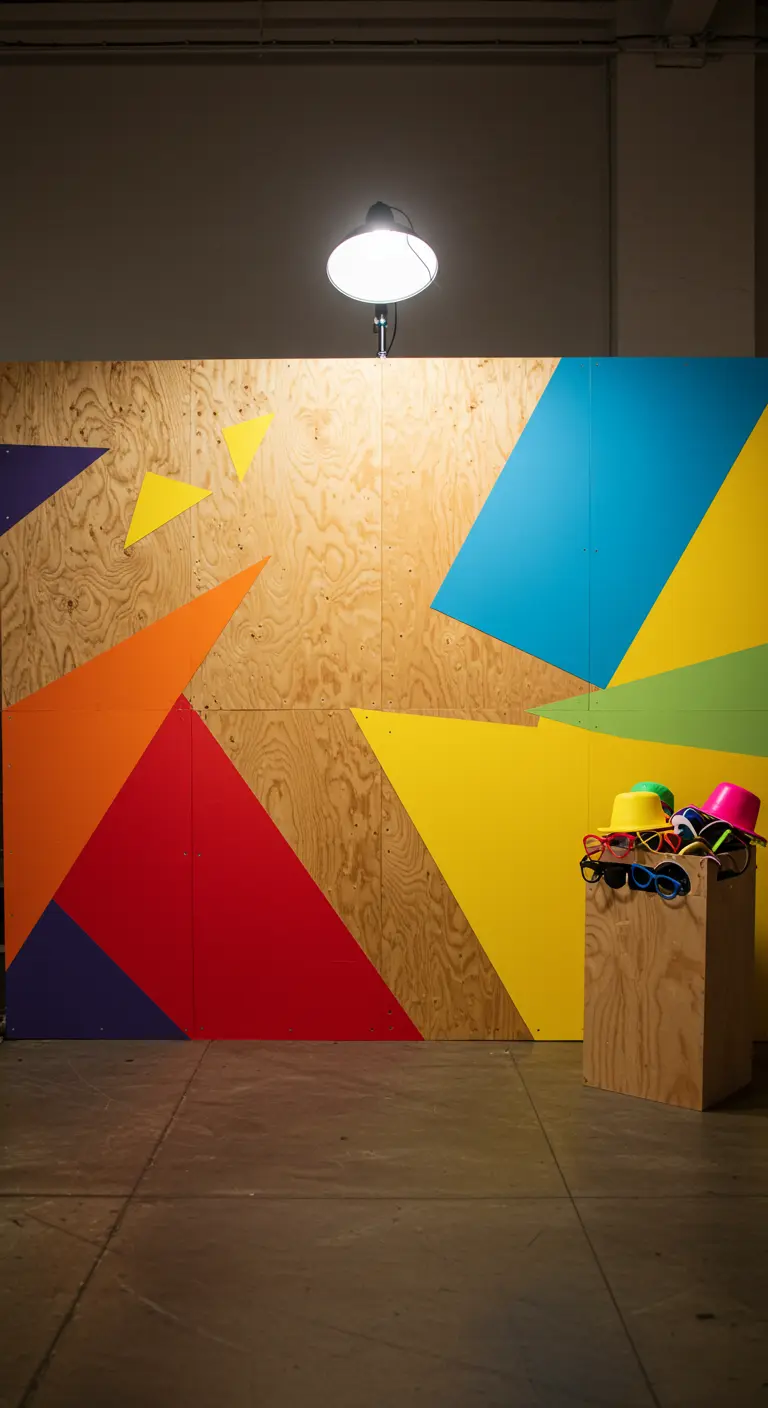 A plywood wall is painted with large, colorful geometric shapes for a party backdrop.