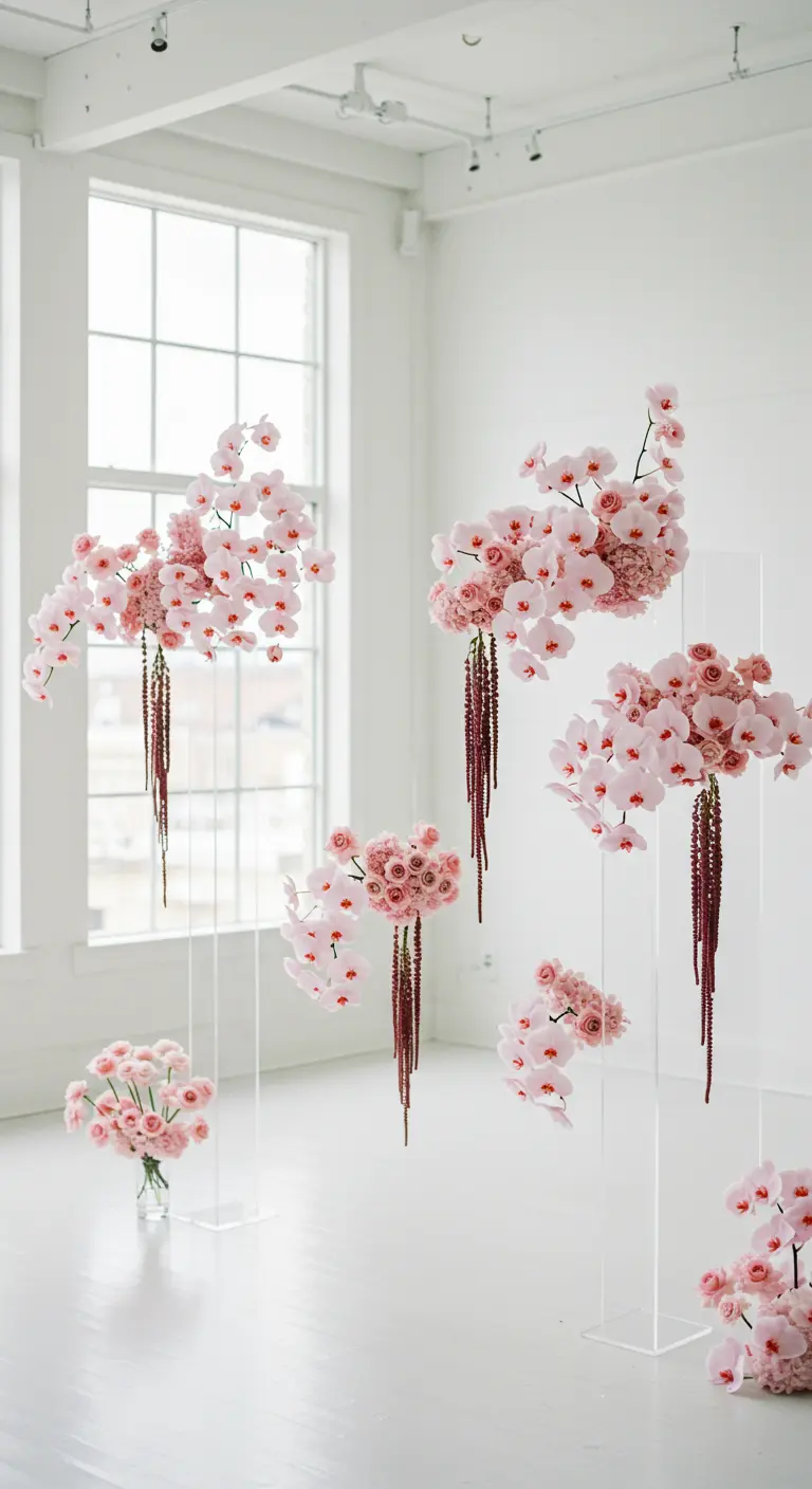 Floating arrangements of pink orchids on clear acrylic stands in a white room.
