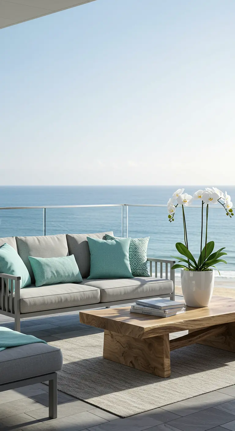 A modern grey sofa with aqua pillows facing a driftwood coffee table and the ocean.