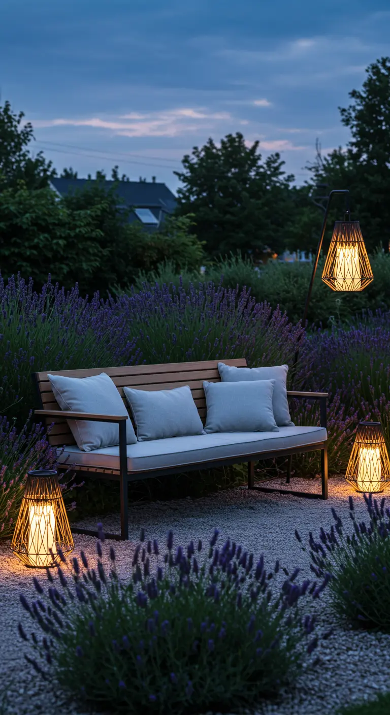A modern outdoor sofa with gray cushions flanked by geometric solar lanterns.