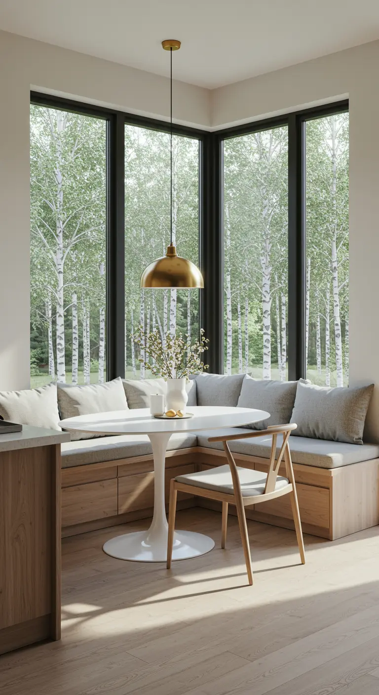 A modern corner breakfast nook with black-framed windows overlooking a birch forest.