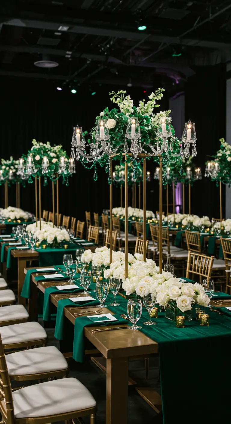 Long tables with emerald green runners, tall gold candelabras, and lush white roses.