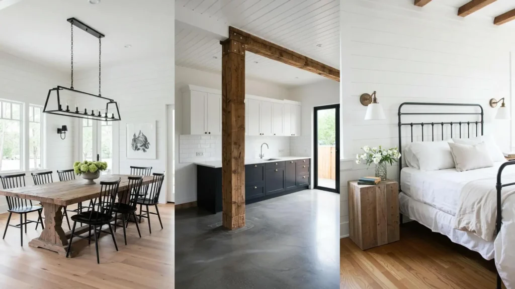 Modern farmhouse interiors with shiplap walls, reclaimed wood, and black accents in a dining room, kitchen, and bedroom.