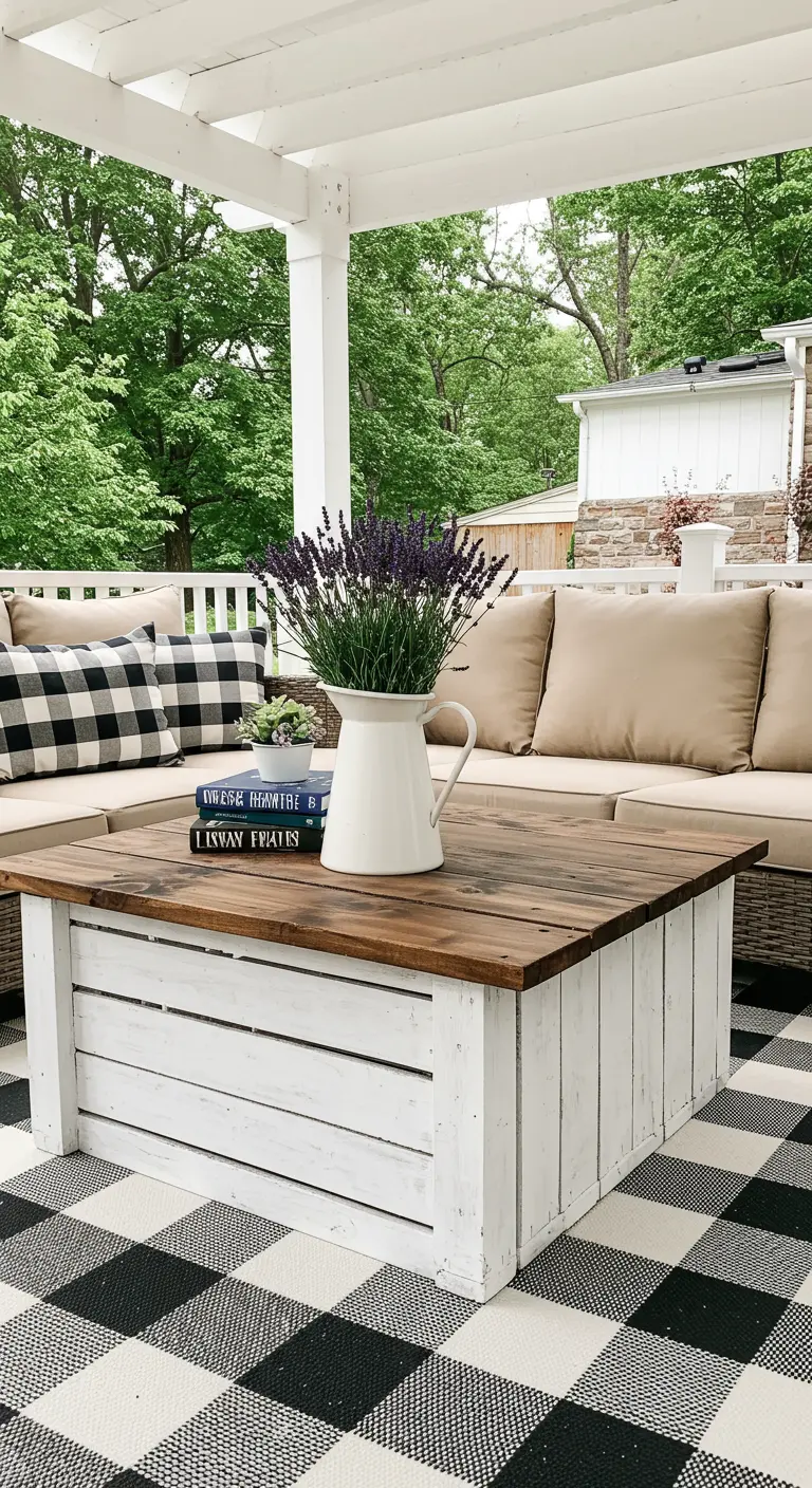 White crate coffee table with a dark wood top on a buffalo check rug.