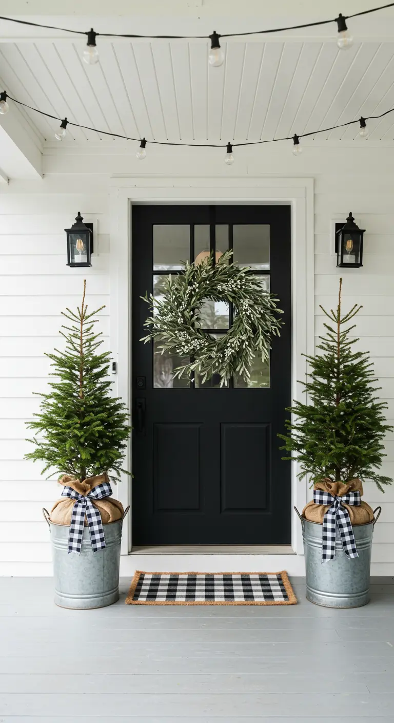 Modern farmhouse porch with a black door, olive wreath, and trees in buckets with gingham bows.