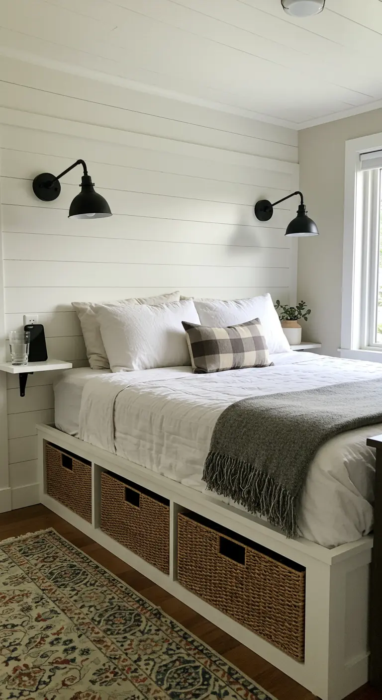 Farmhouse bedroom with shiplap wall, black sconces, and woven baskets under the bed.