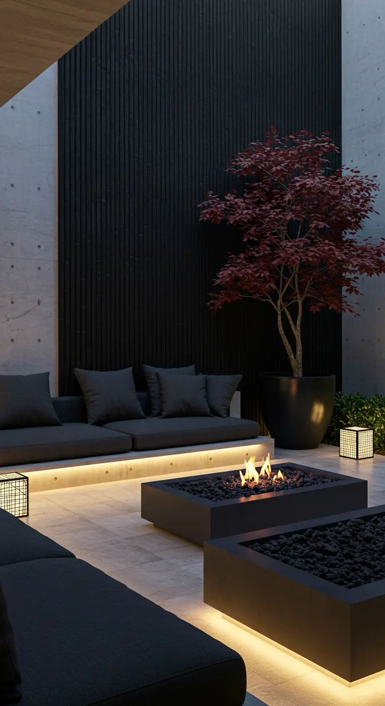 Modern patio with black slatted wall, concrete benches, and a red Japanese maple.