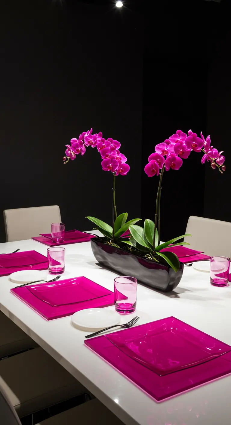Modern table with fuchsia orchids and matching square placemats against a black wall.