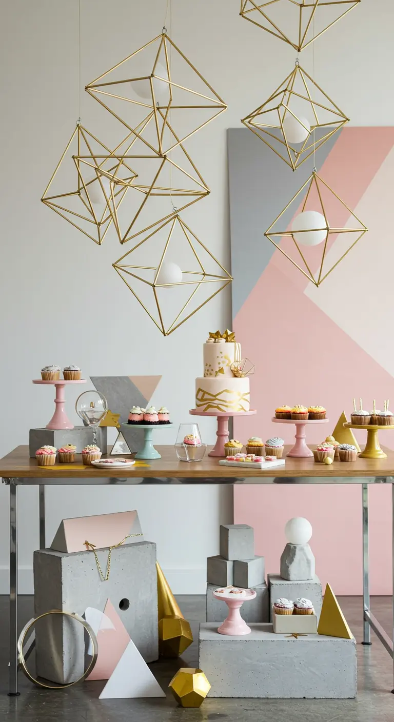A modern party table with hanging gold geometric sculptures and concrete block risers.