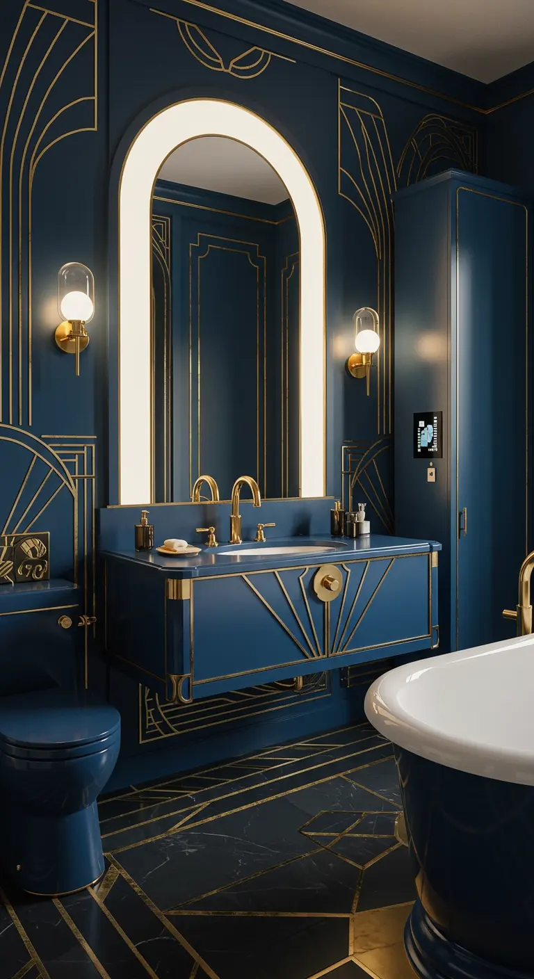 Art Deco style bathroom in deep blue and gold with an arched mirror.