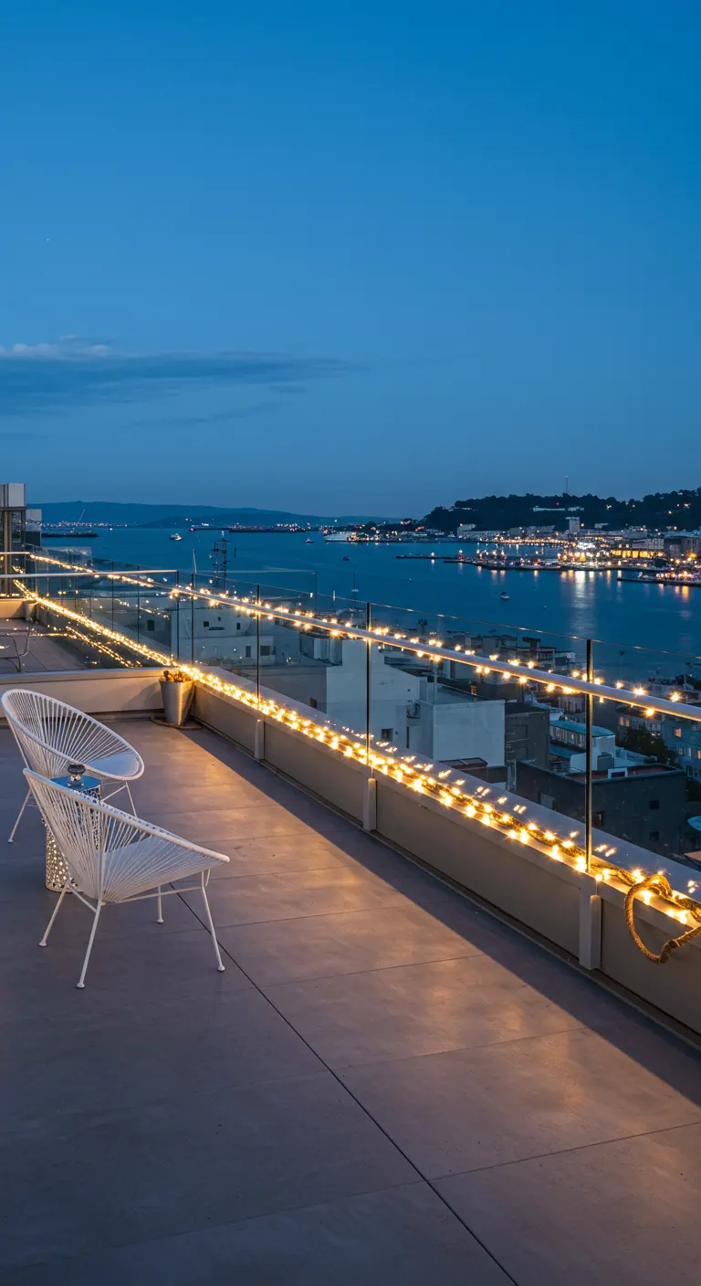 A modern balcony with white wire chairs and fairy lights along a glass railing at night.