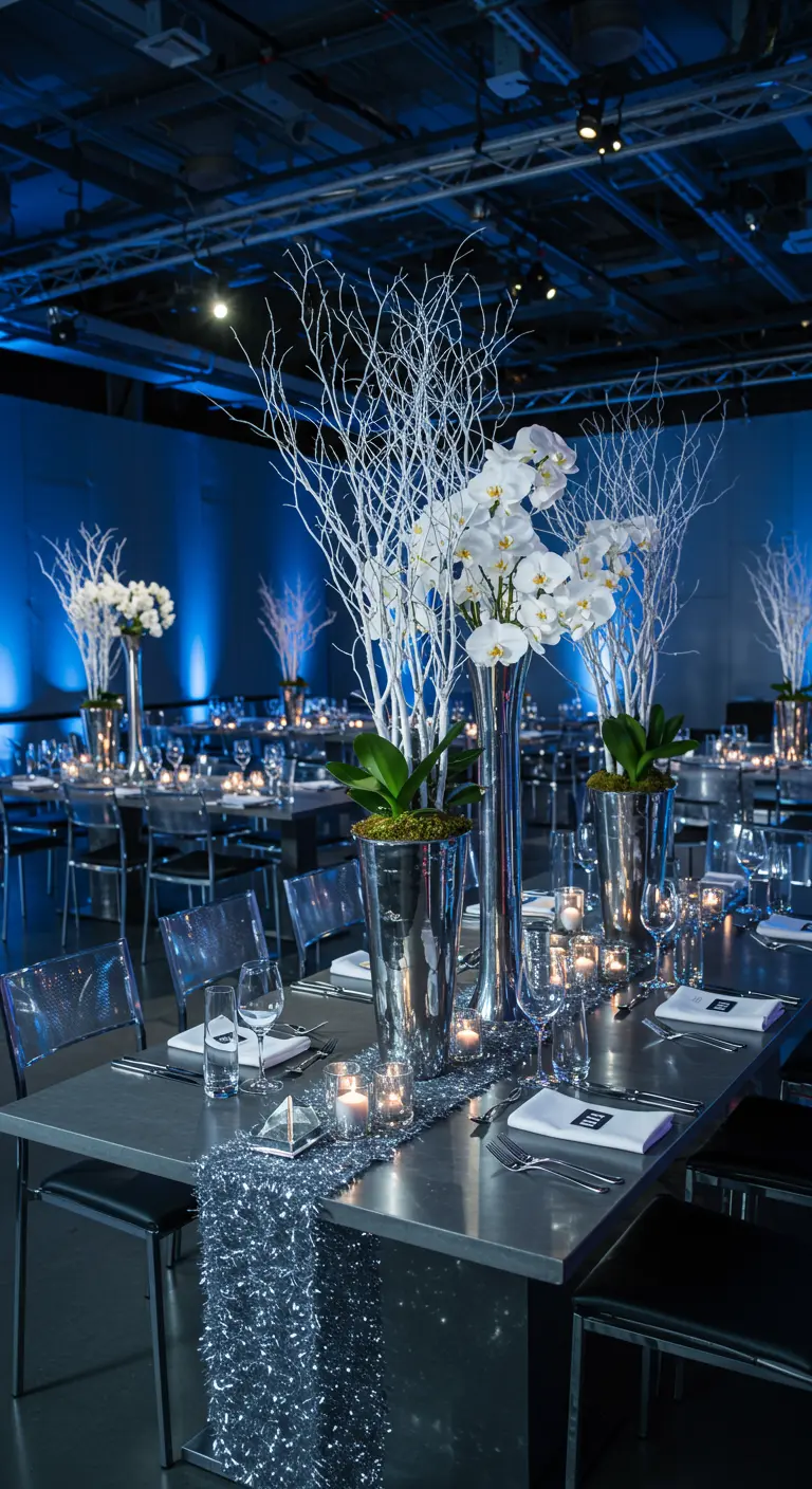 A modern tablescape with silver vases holding white branches and orchids, plus a tinsel runner.