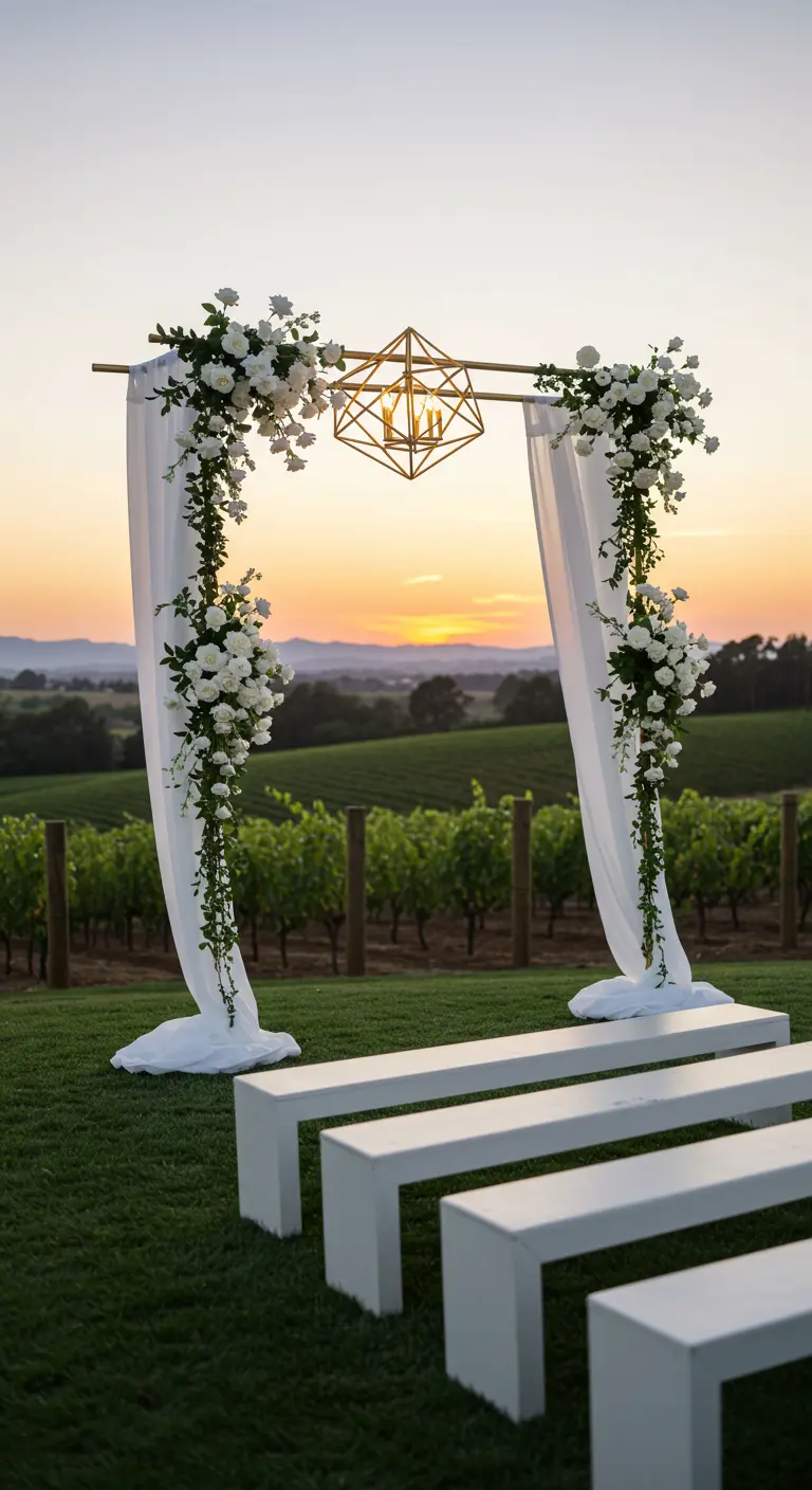 A geometric gold wedding arch with white floral arrangements overlooking a vineyard at sunset.