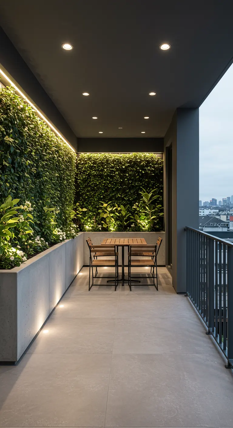 Modern balcony with large vertical green wall, concrete planter, integrated linear lighting, and bistro set.