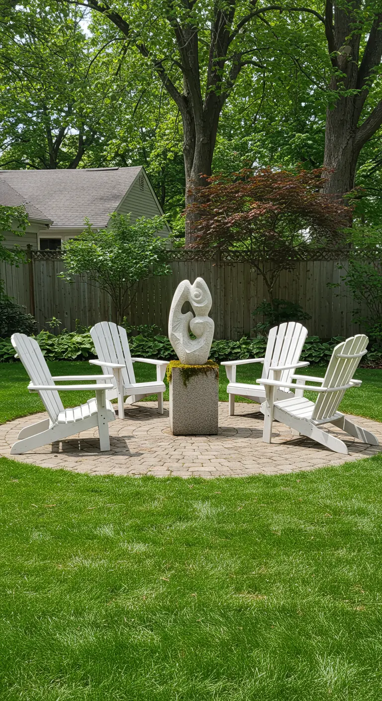 Four white Adirondack chairs arranged around a modern abstract stone sculpture on a patio.