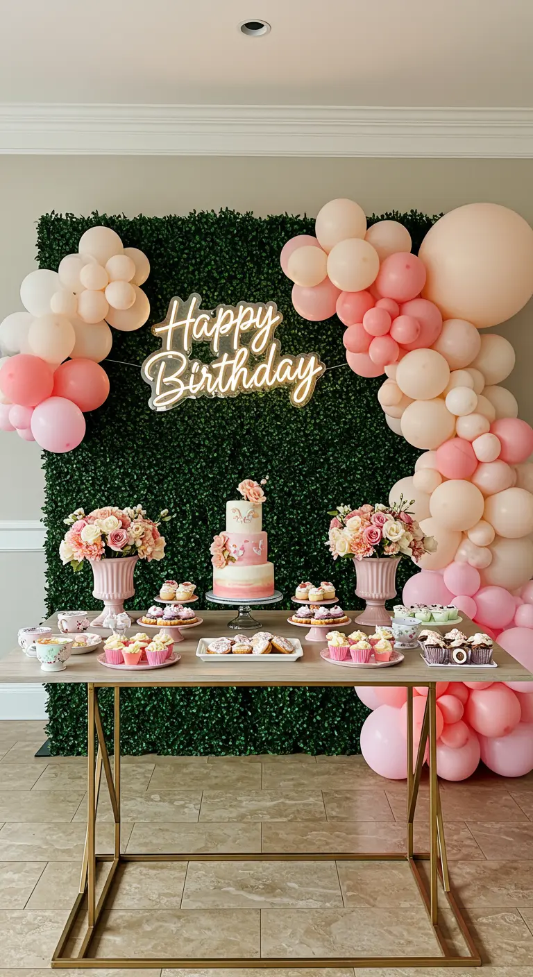 Dessert table with a neon sign and balloon garland against a boxwood wall.