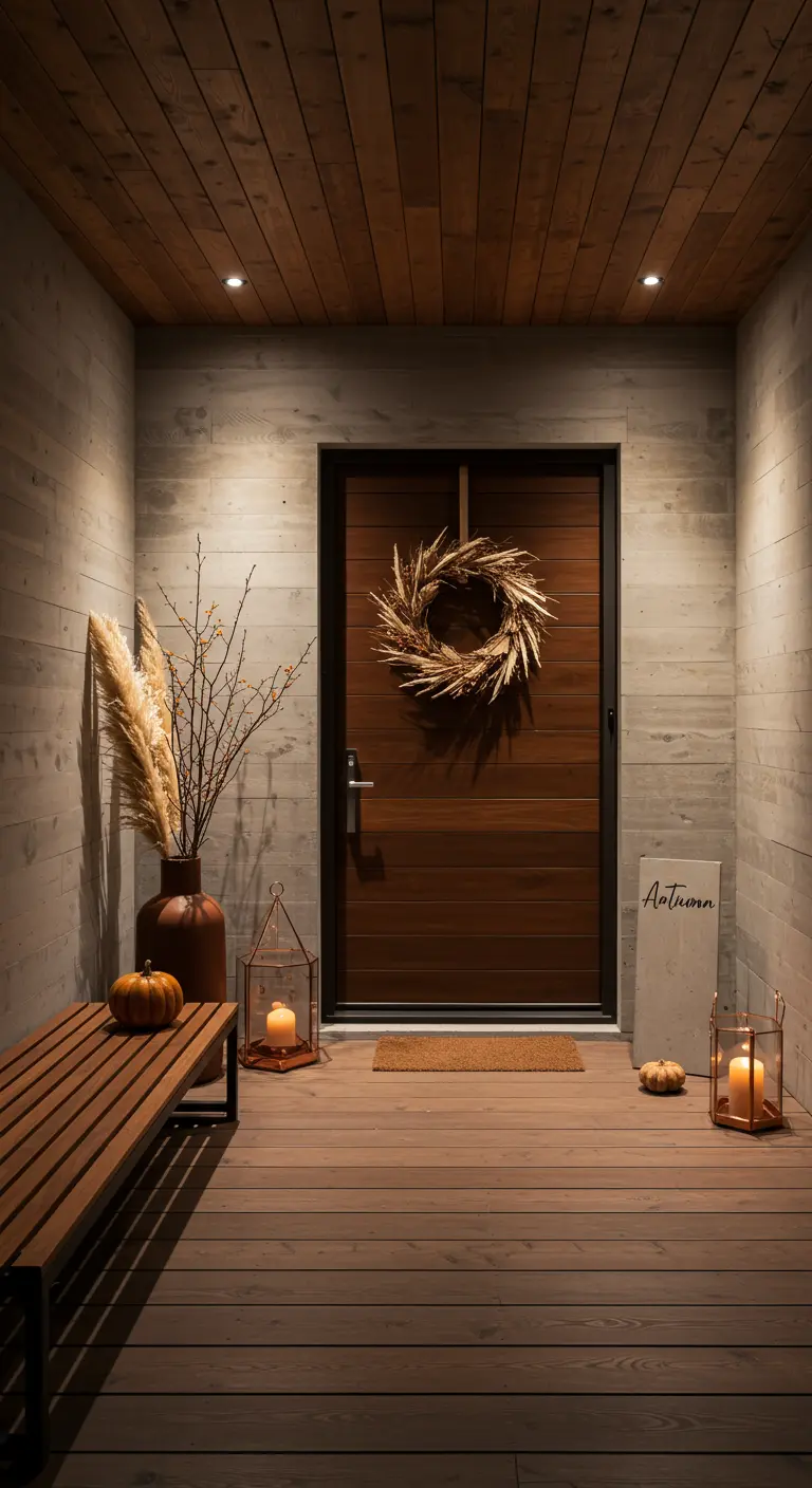 Minimalist autumn porch with a dried grass wreath and pampas grass in a vase.