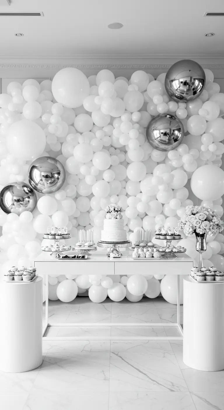 A dense white balloon wall with large, reflective silver orb balloons mixed in.