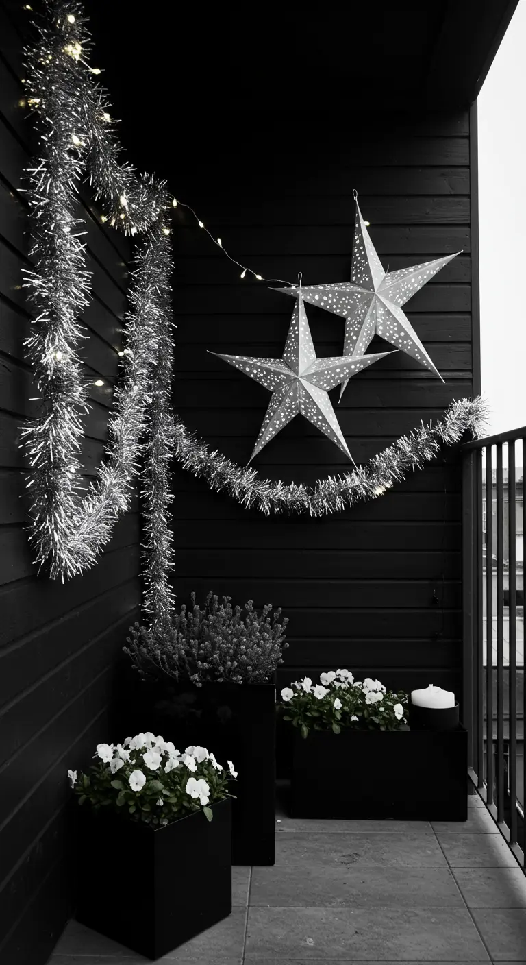 A black balcony wall is decorated with silver tinsel and large white paper stars.