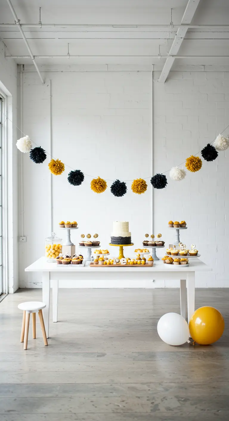 A dessert table with a garland of black, white, and yellow yarn pom-poms hanging above it.