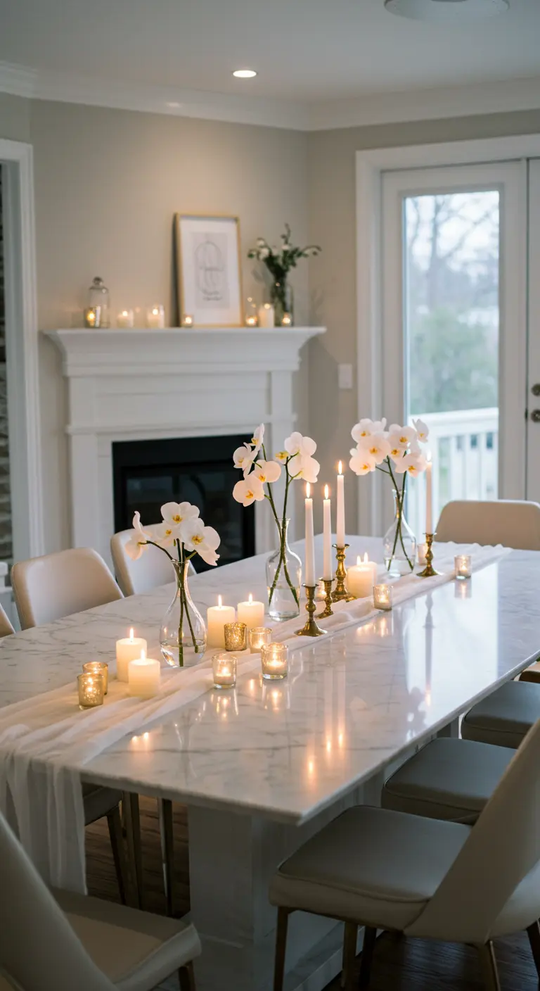 A modern marble dining table decorated with white orchids in glass vases and gold candles.