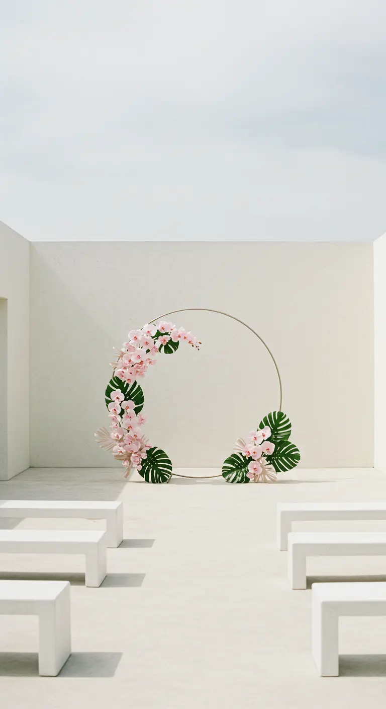 A minimalist silver hoop with pink orchids and monstera leaves in a white room.