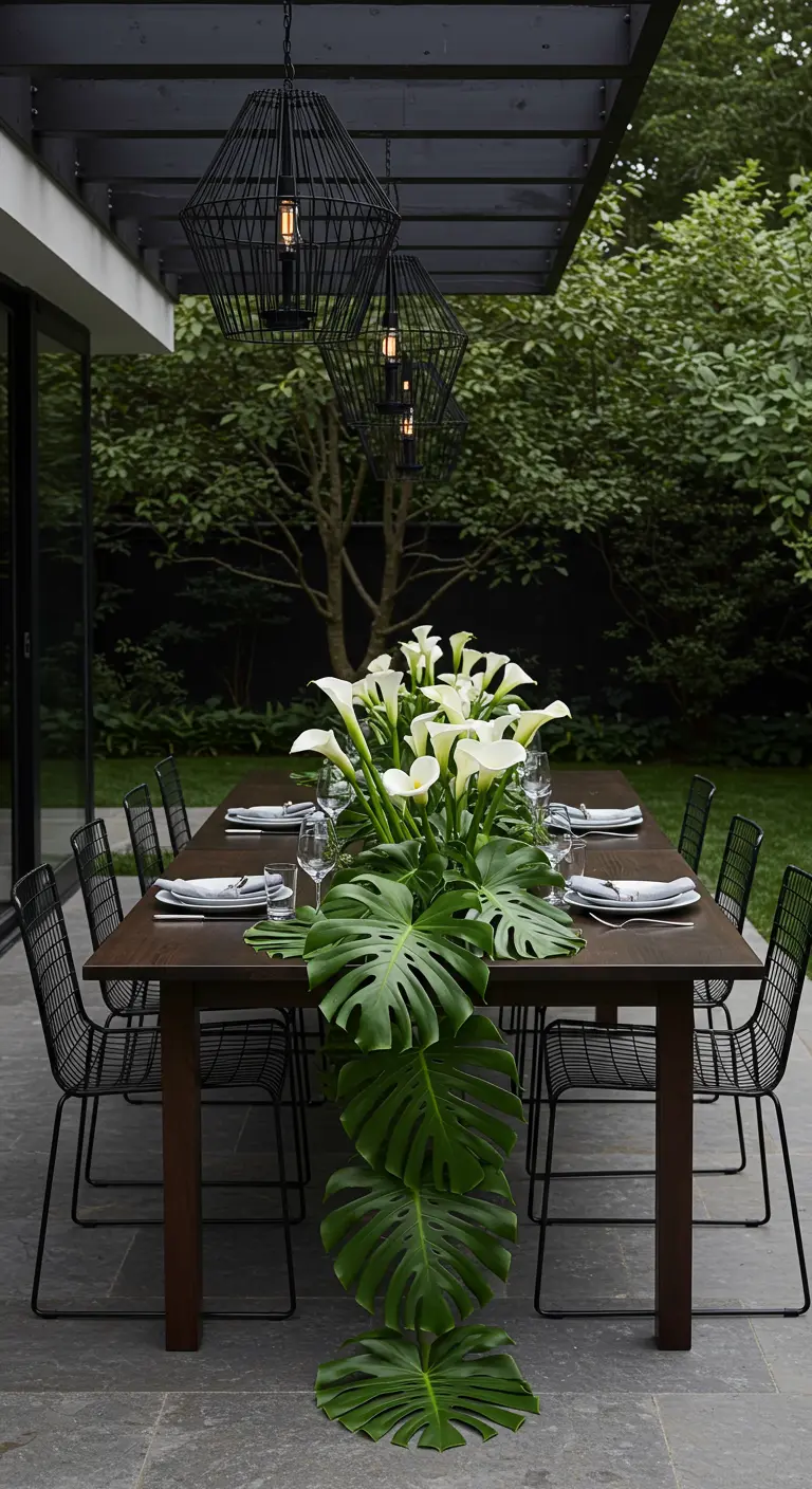 Modern black table and chairs with a monstera leaf runner and black geometric lanterns.