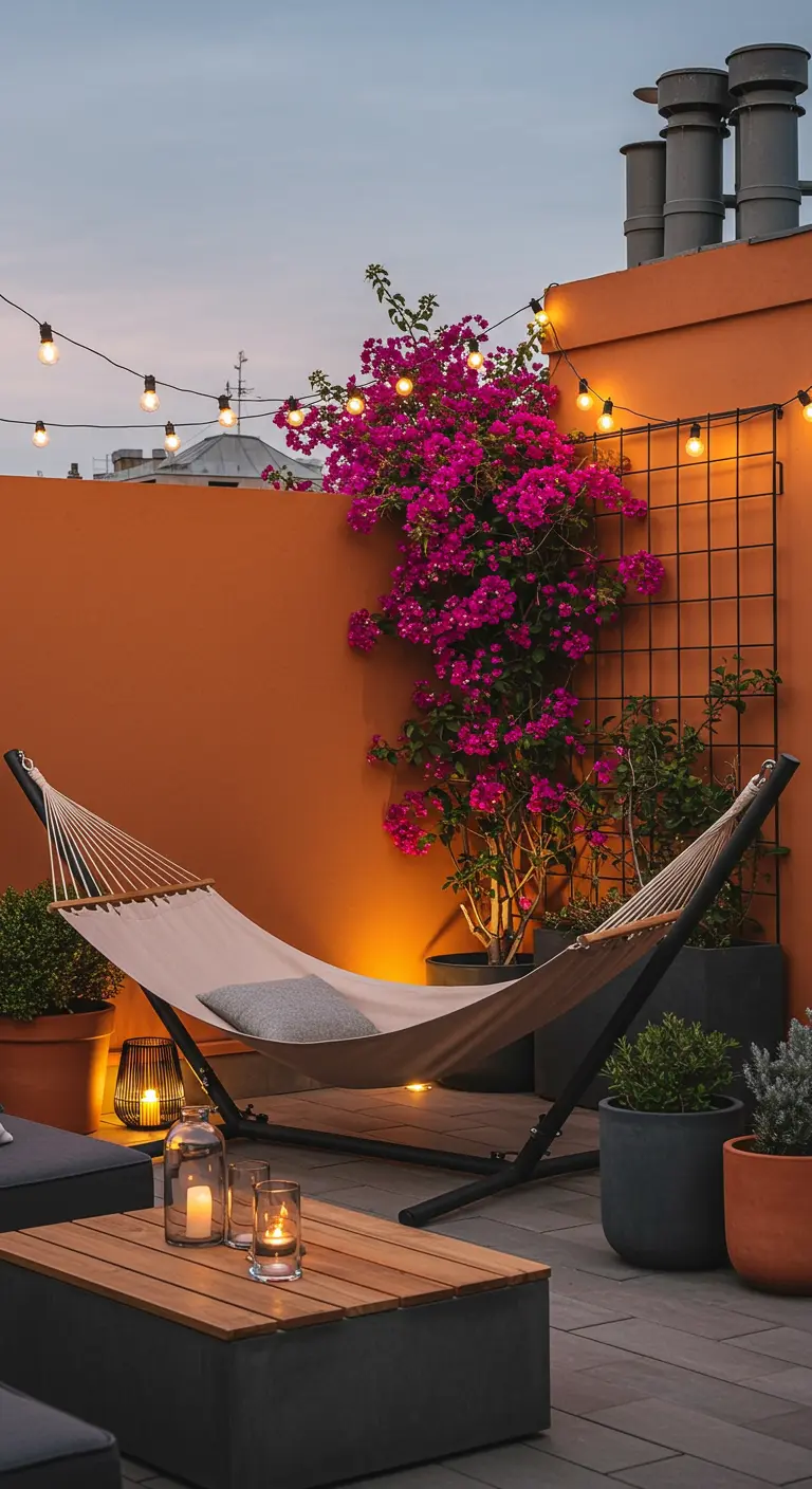A modern rooftop terrace with a freestanding hammock, orange wall, and string lights.