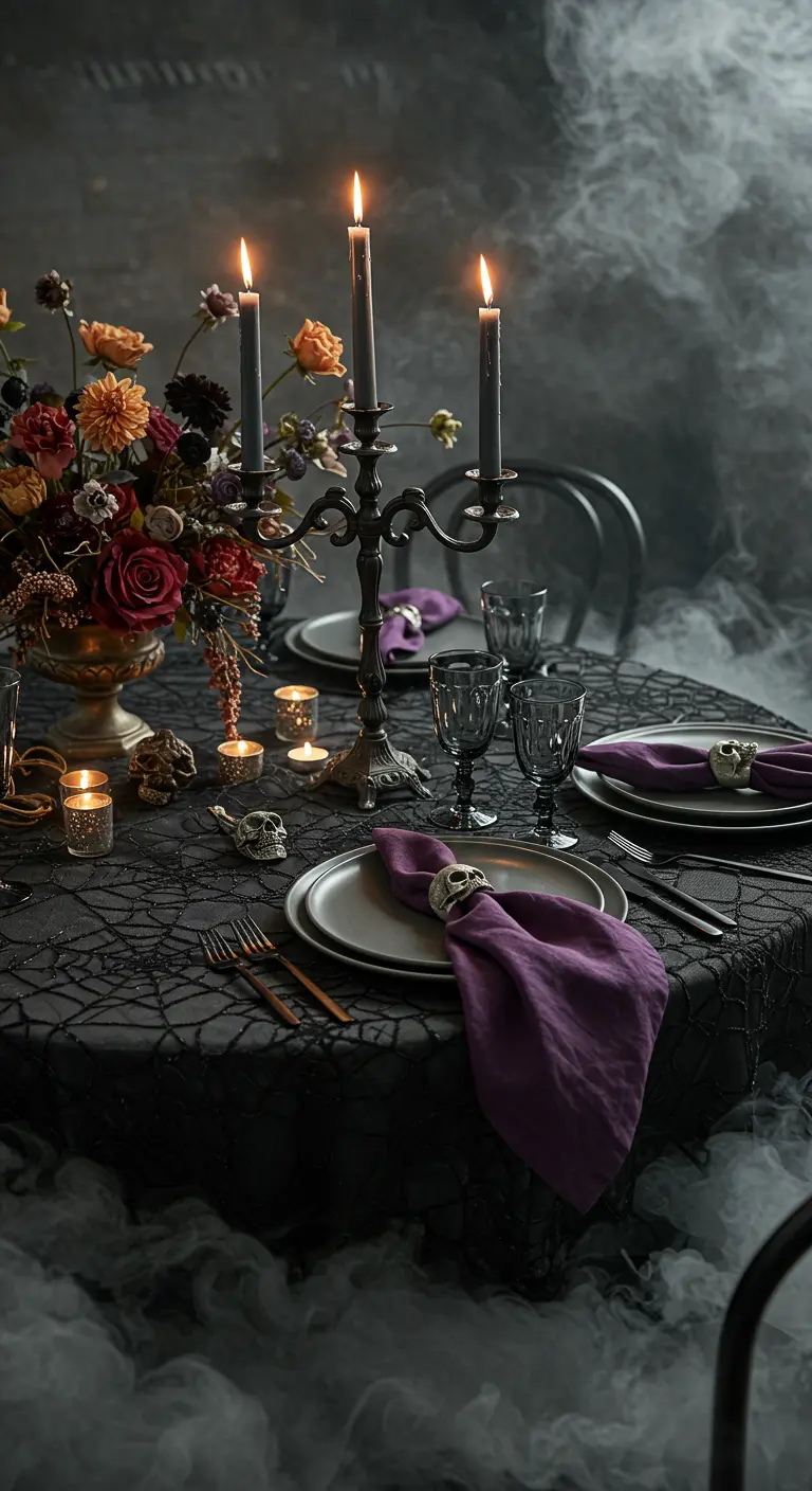 Moody Halloween tablescape with a spiderweb tablecloth, purple napkins, and skull napkin rings.