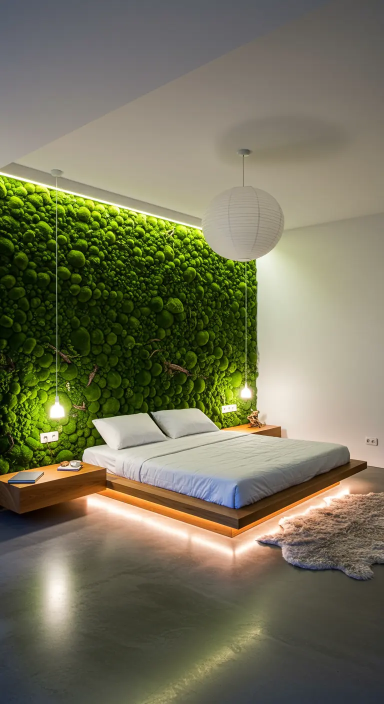 A modern bedroom with a floating platform bed and a minimalist moss wall.