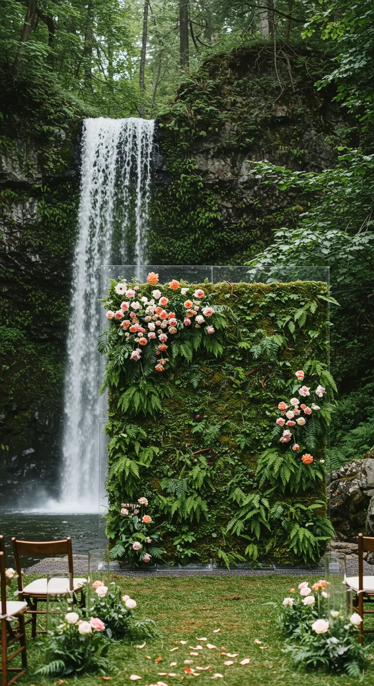 A moss and fern wall framed with clear acrylic panels, set beside a waterfall.