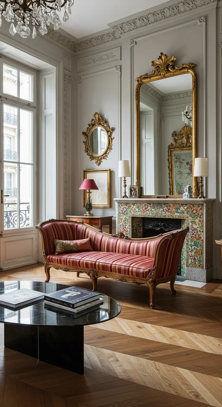 Classic Parisian apartment with an ornate fireplace featuring a colorful floral tile surround.