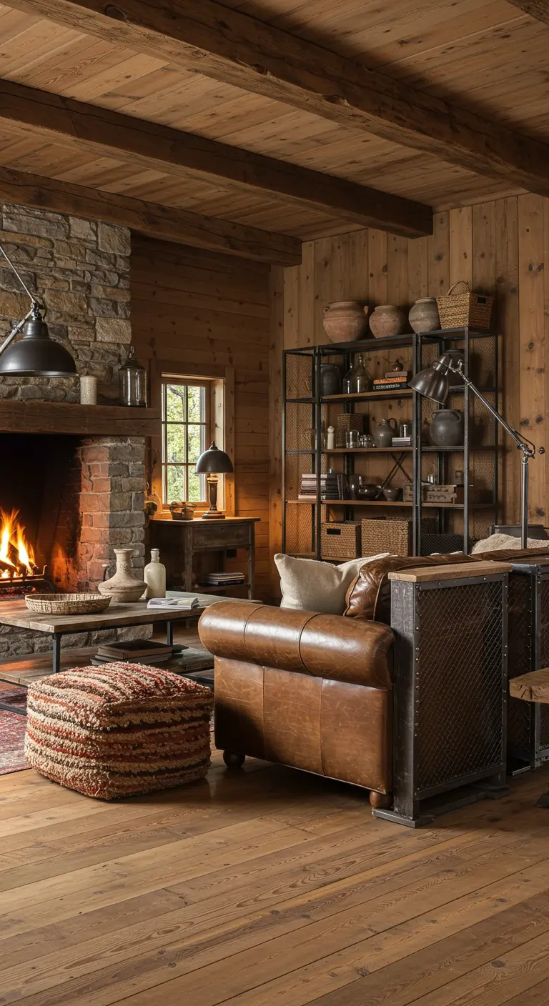 Rustic cabin interior with a stone fireplace, wood walls, and a black metal shelving unit.