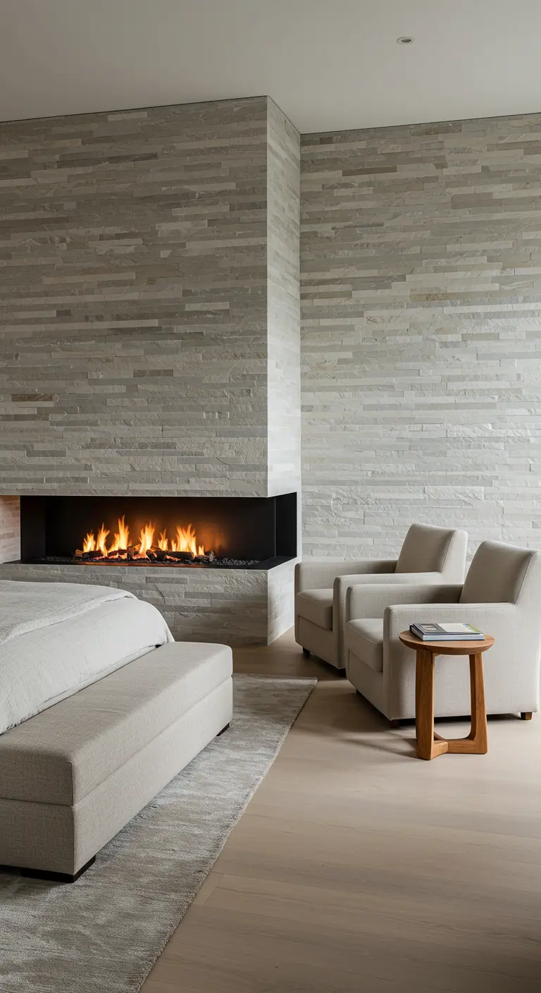 Serene bedroom with a modern linear fireplace set in a light-colored stacked stone wall.