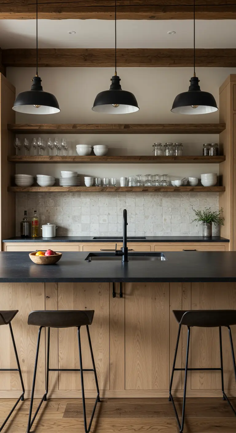 Modern rustic kitchen with black pendants, open shelving, and light wood cabinets.