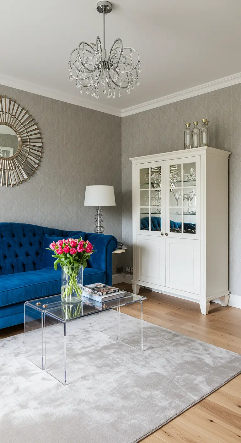 Living room with a blue velvet sofa, white cabinet, and a clear acrylic coffee table.