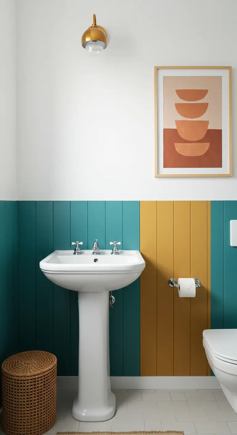 Bathroom with teal and mustard color-blocked wall paneling behind a pedestal sink.