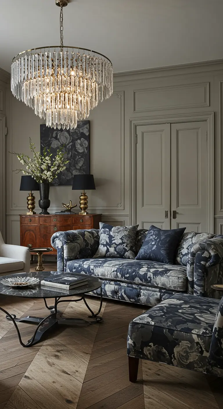 A living room with a large floral sofa, grey walls, and a modern crystal chandelier.