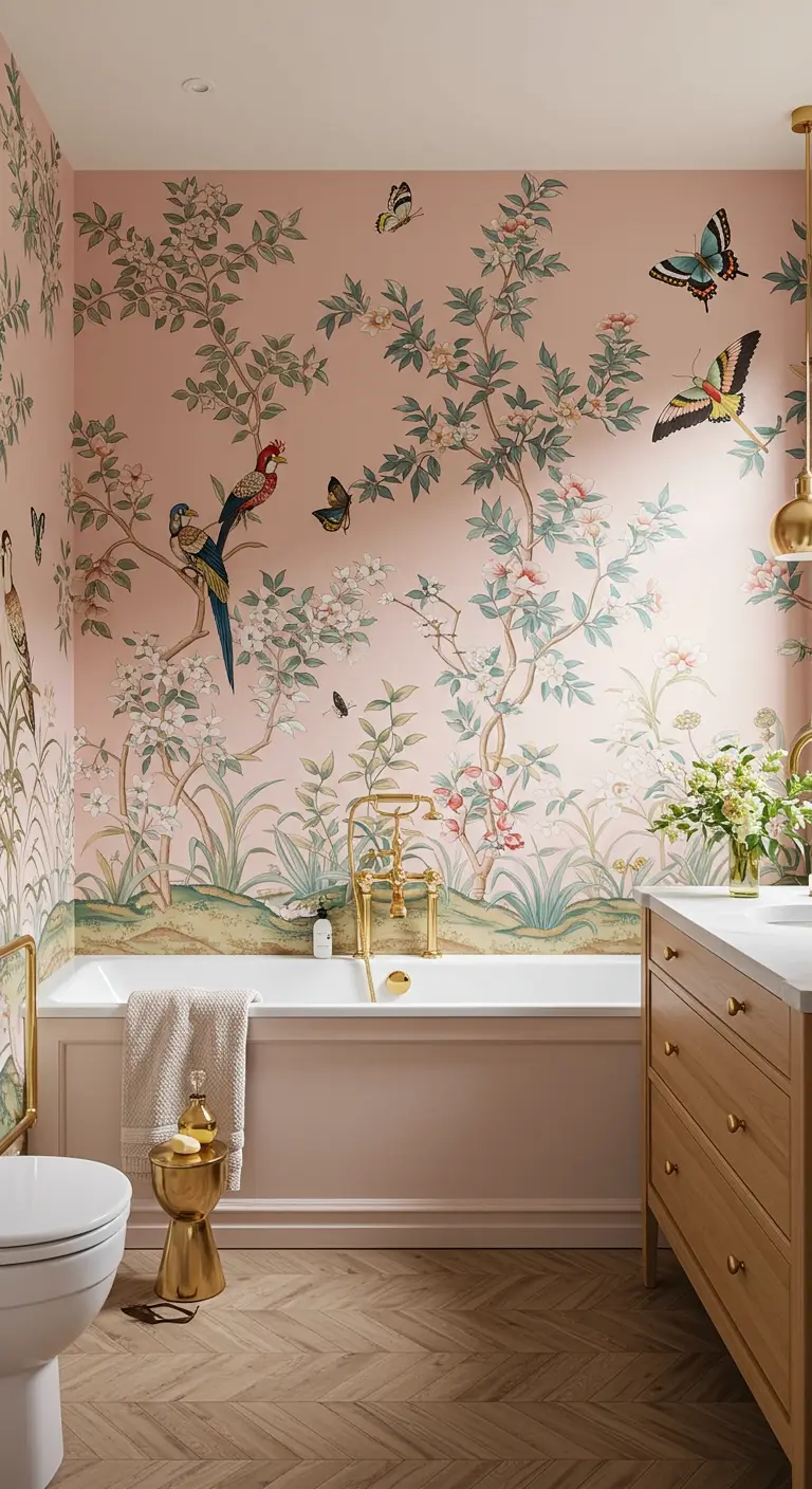Pink Chinoiserie bathroom with butterflies, brass fixtures, and light wood vanity.