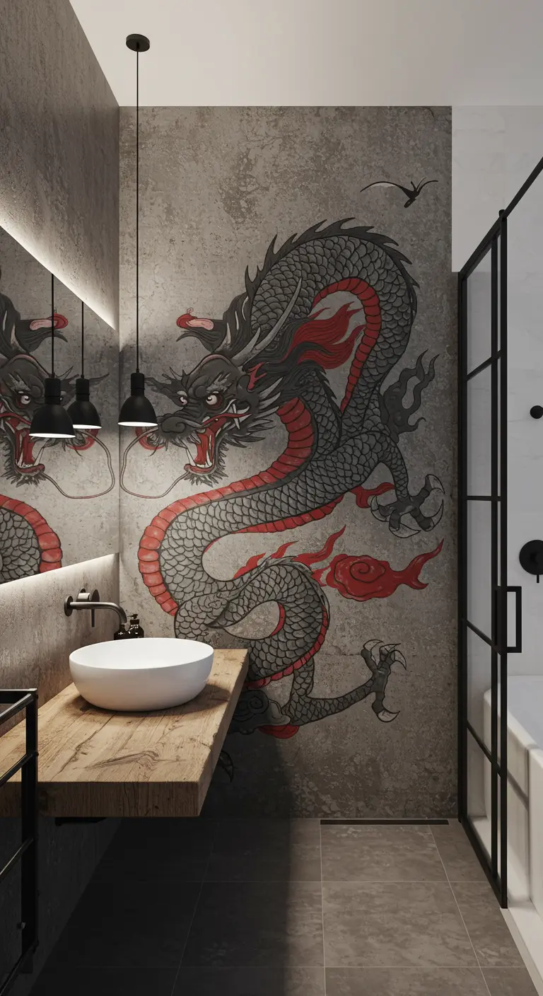 Modern bathroom with a large dragon mural and a live-edge wood vanity.