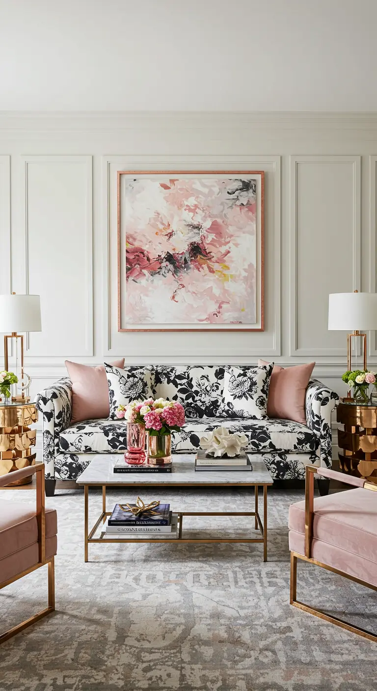 Modern living room with a black and white floral sofa and blush pink armchairs.