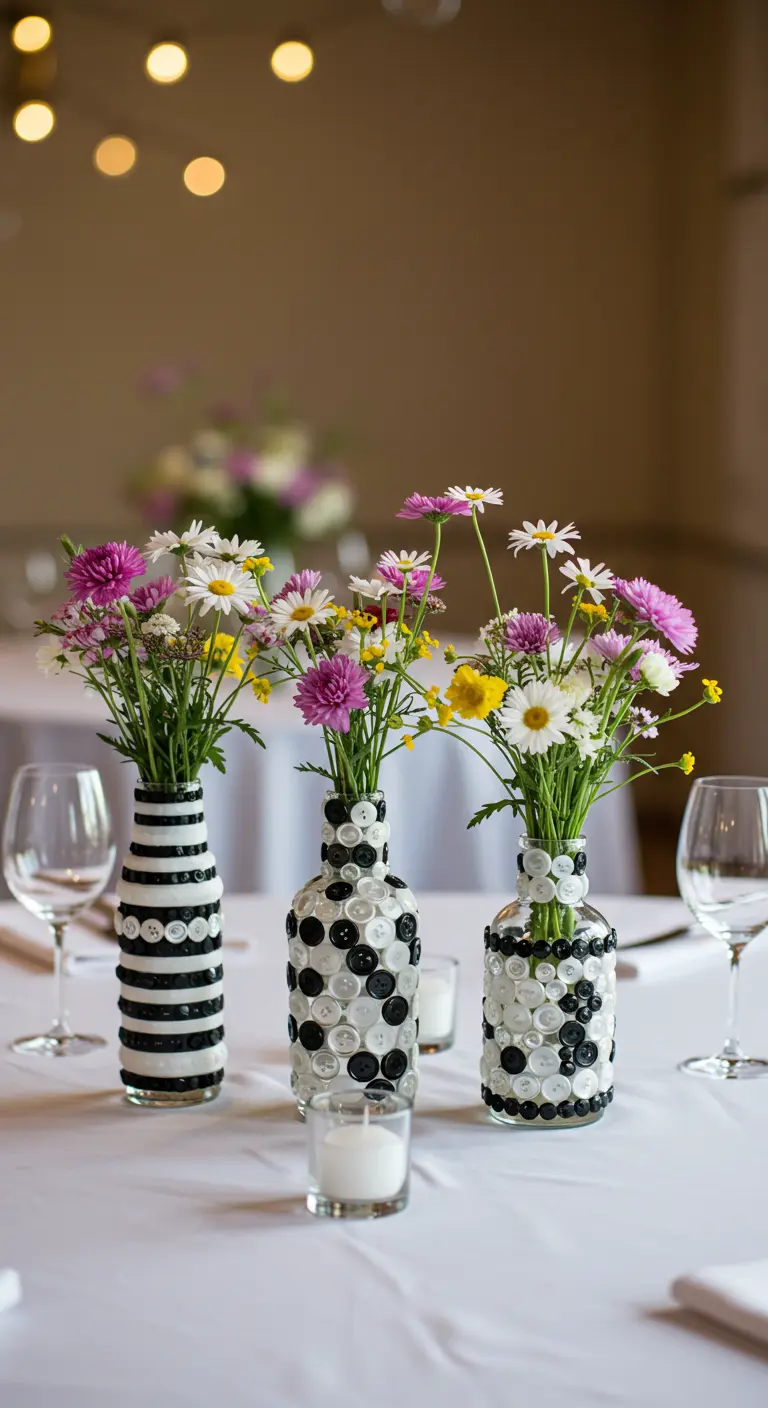 Three glass vases covered in black and white buttons, holding simple flowers.