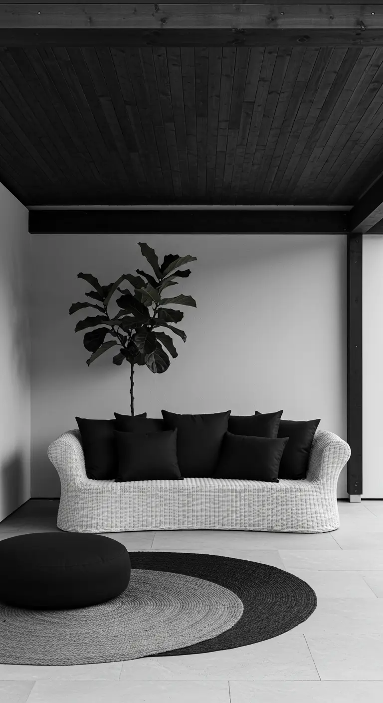 A white rattan sofa with black cushions in a minimalist black and white outdoor space.
