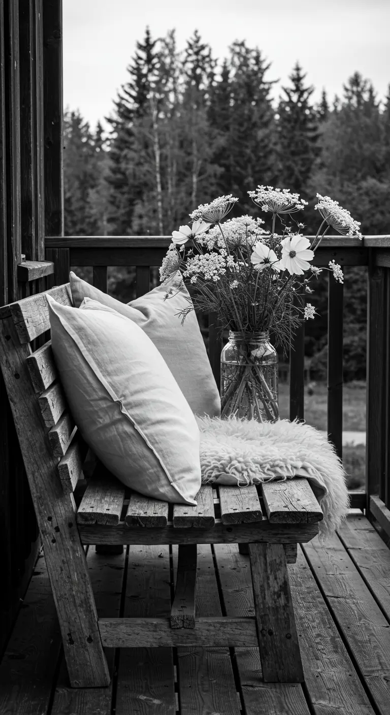 A black-and-white photo of a rustic bench with pillows, a sheepskin throw, and a vase of white flowers.