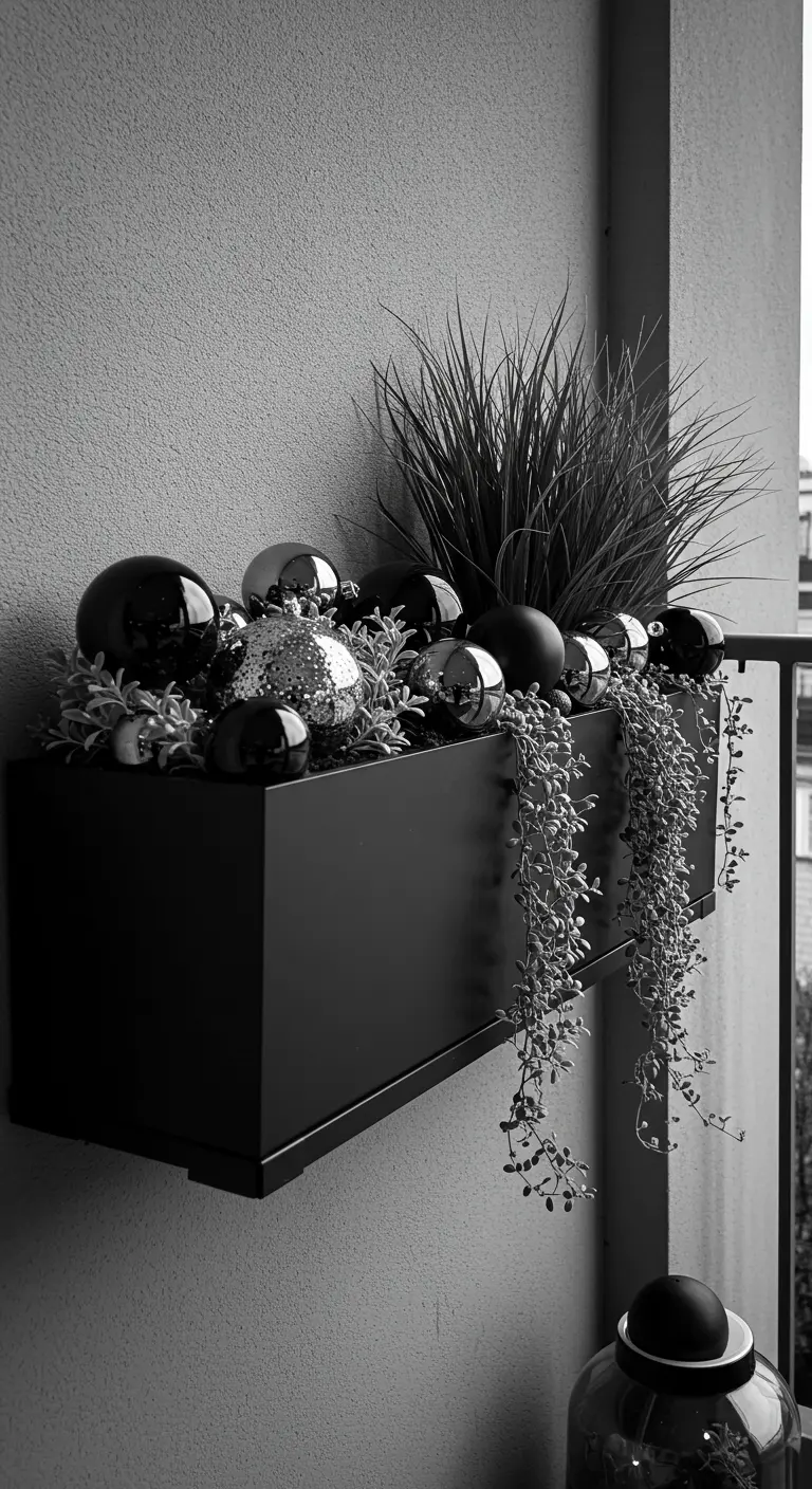 A modern black window box with black and silver baubles and a trailing plant.